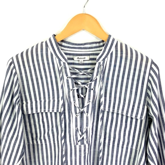 MADEWELL Striped Terrace Lace-Up Long Sleeve Top Blue White Size Small F26 - Picture 3 of 11
